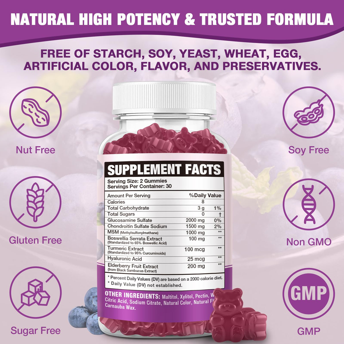 Gummies glucosamine VAJYKEWJY, texture lisse et goût de baies de sureau