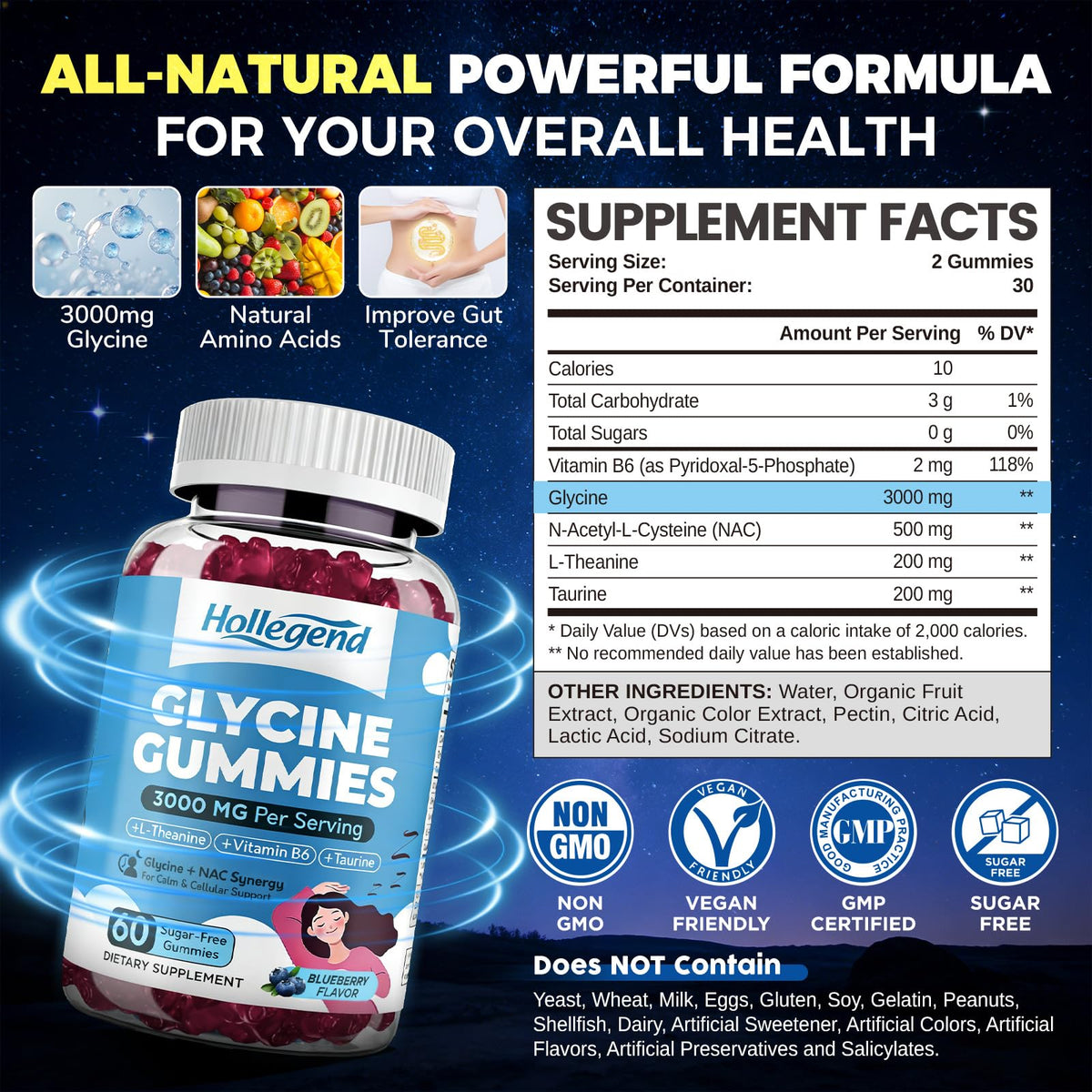 Gummies Glycine 3g HOLLEGEND avec myrtilles en arrière-plan