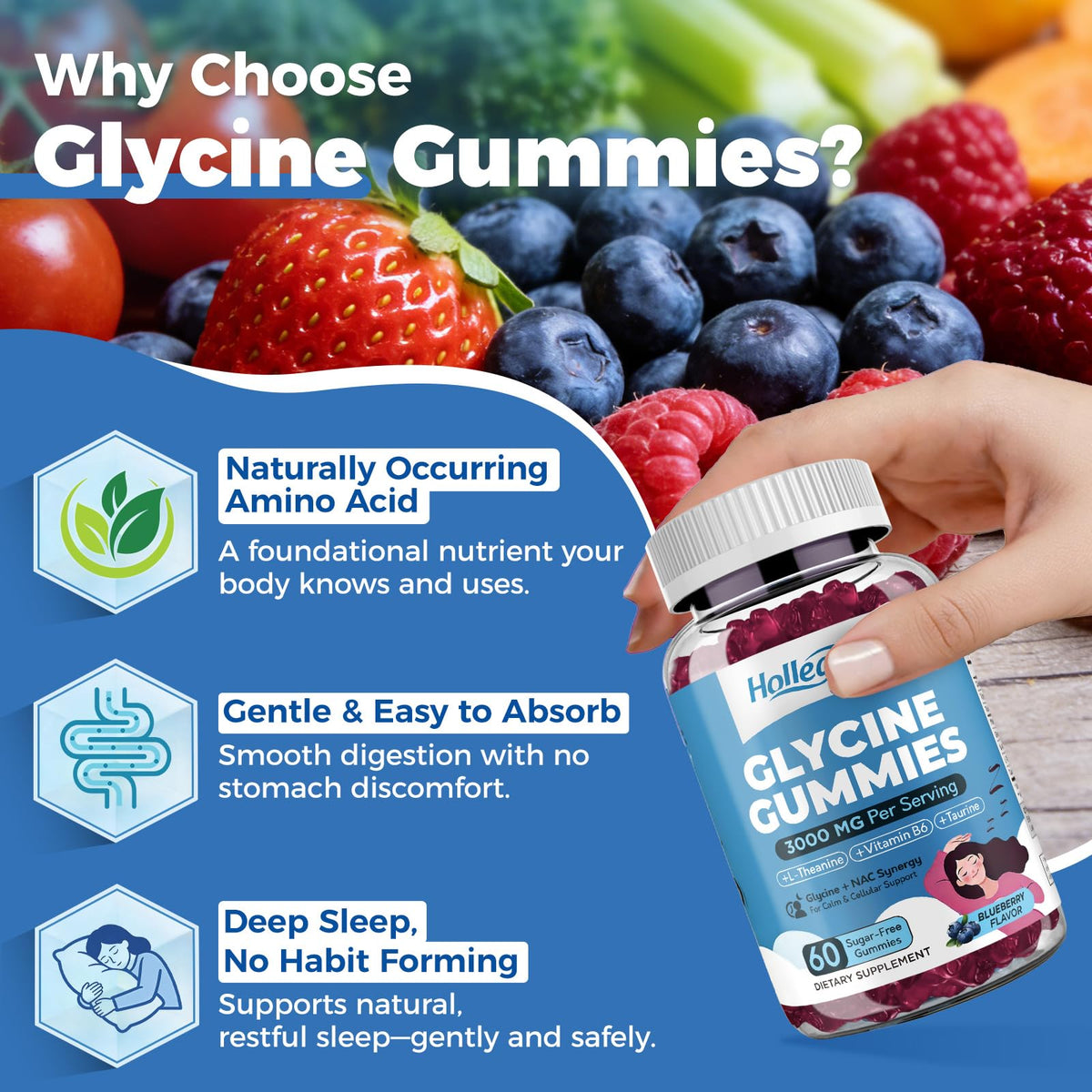 Gummies Glycine 3g HOLLEGEND avec une main tenant une gummy