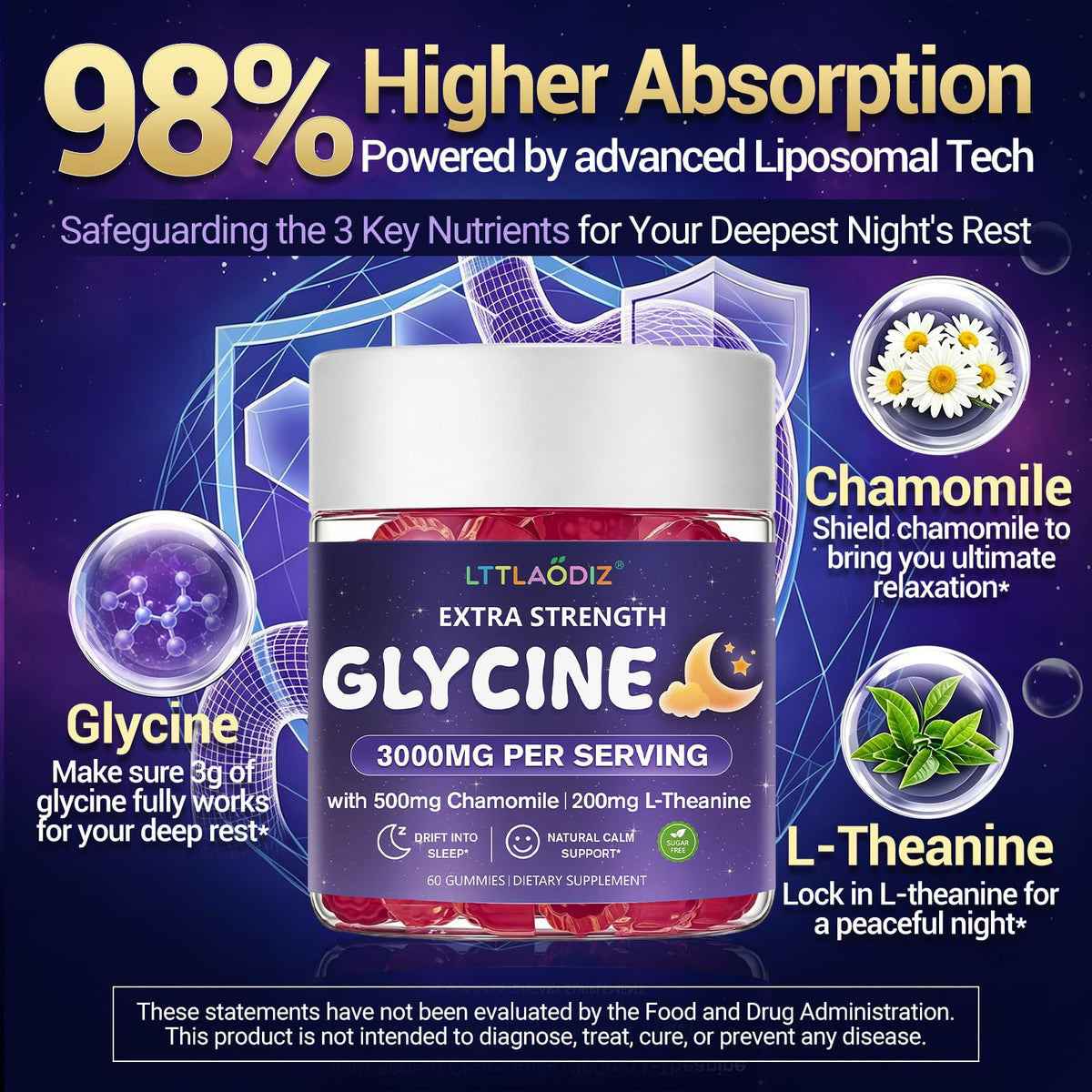Gummies Glycine LTTLAODIZ avec un verre d'eau