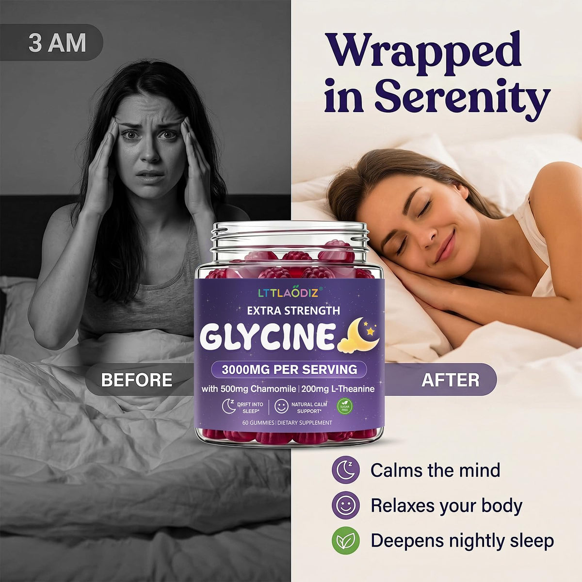 Gummies Glycine LTTLAODIZ sur une table, ambiance daily wellness