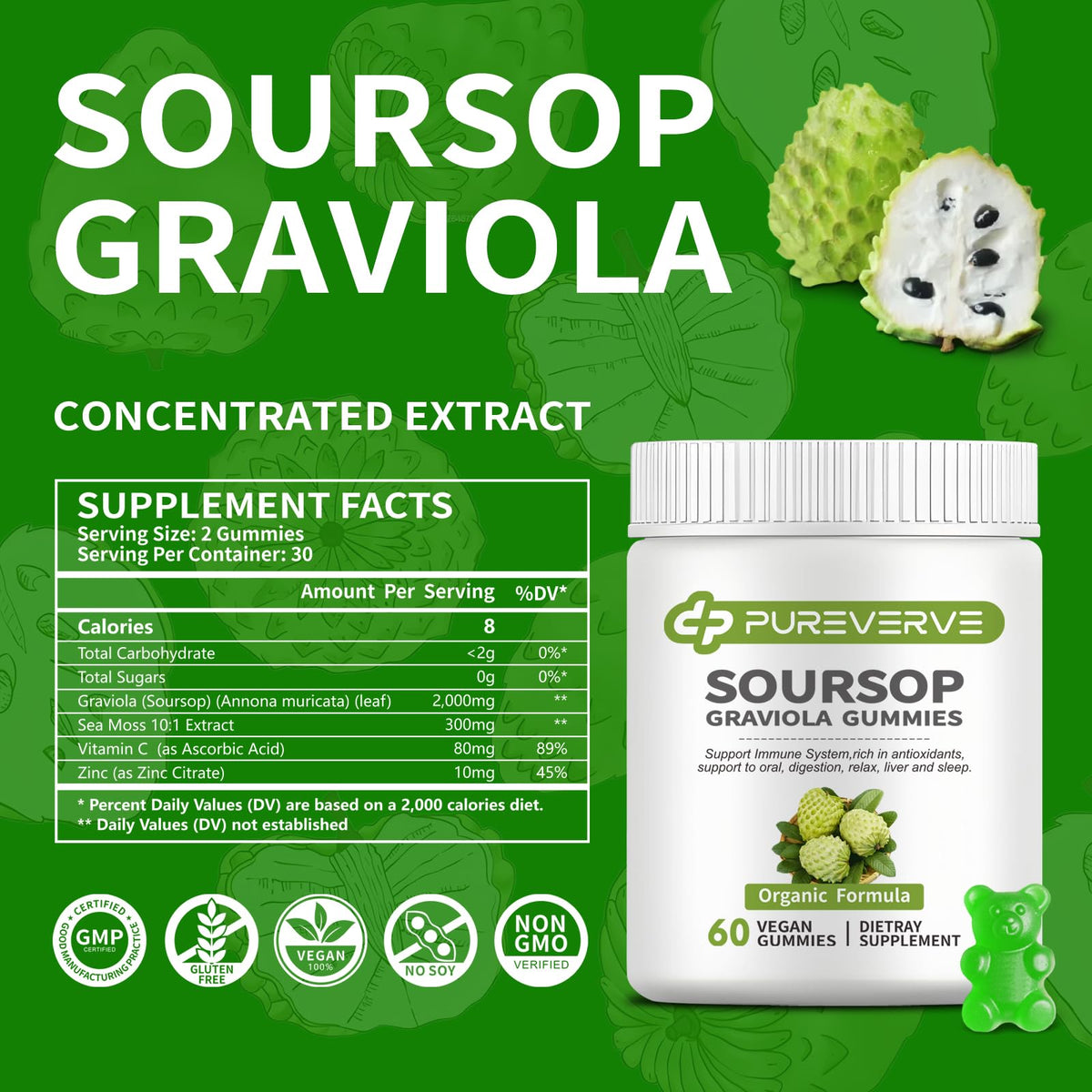 Gummies Graviola Pureverve, présentation sur une table en bois