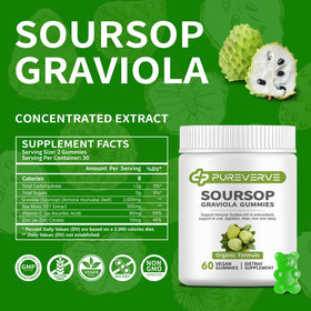 Gummies Graviola Pureverve, présentation sur une table en bois