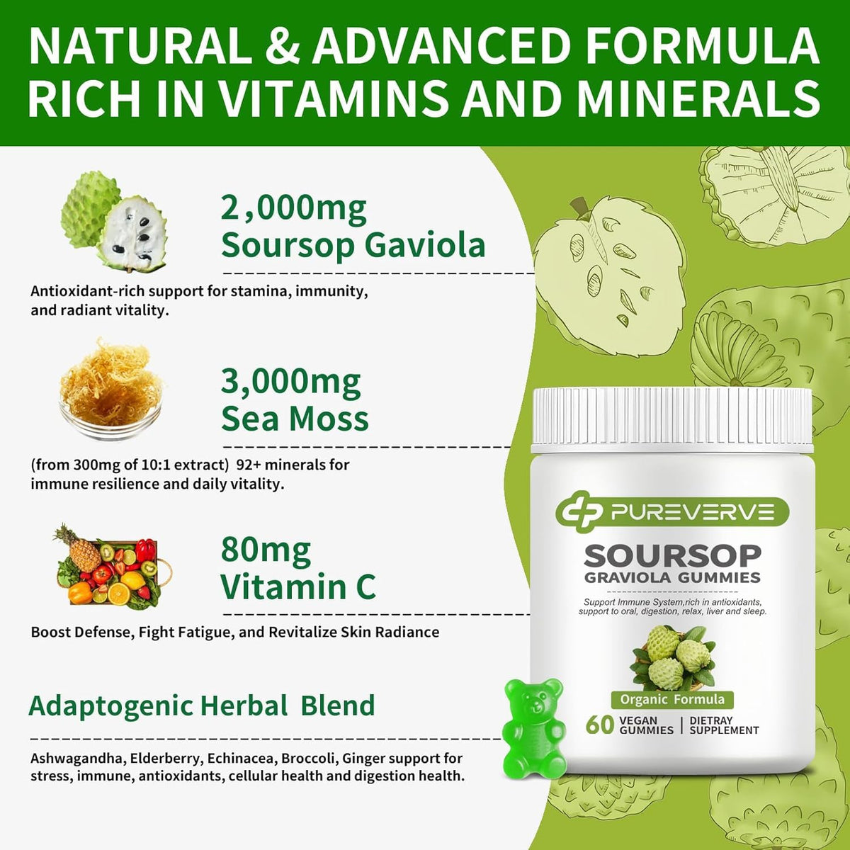 Gummies Graviola Pureverve présentés sur une table