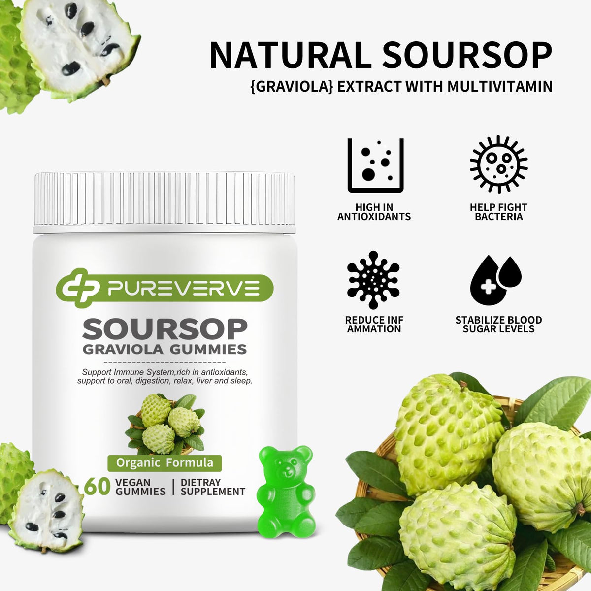 Gummies Graviola Pureverve, prise en main pour montrer la taille