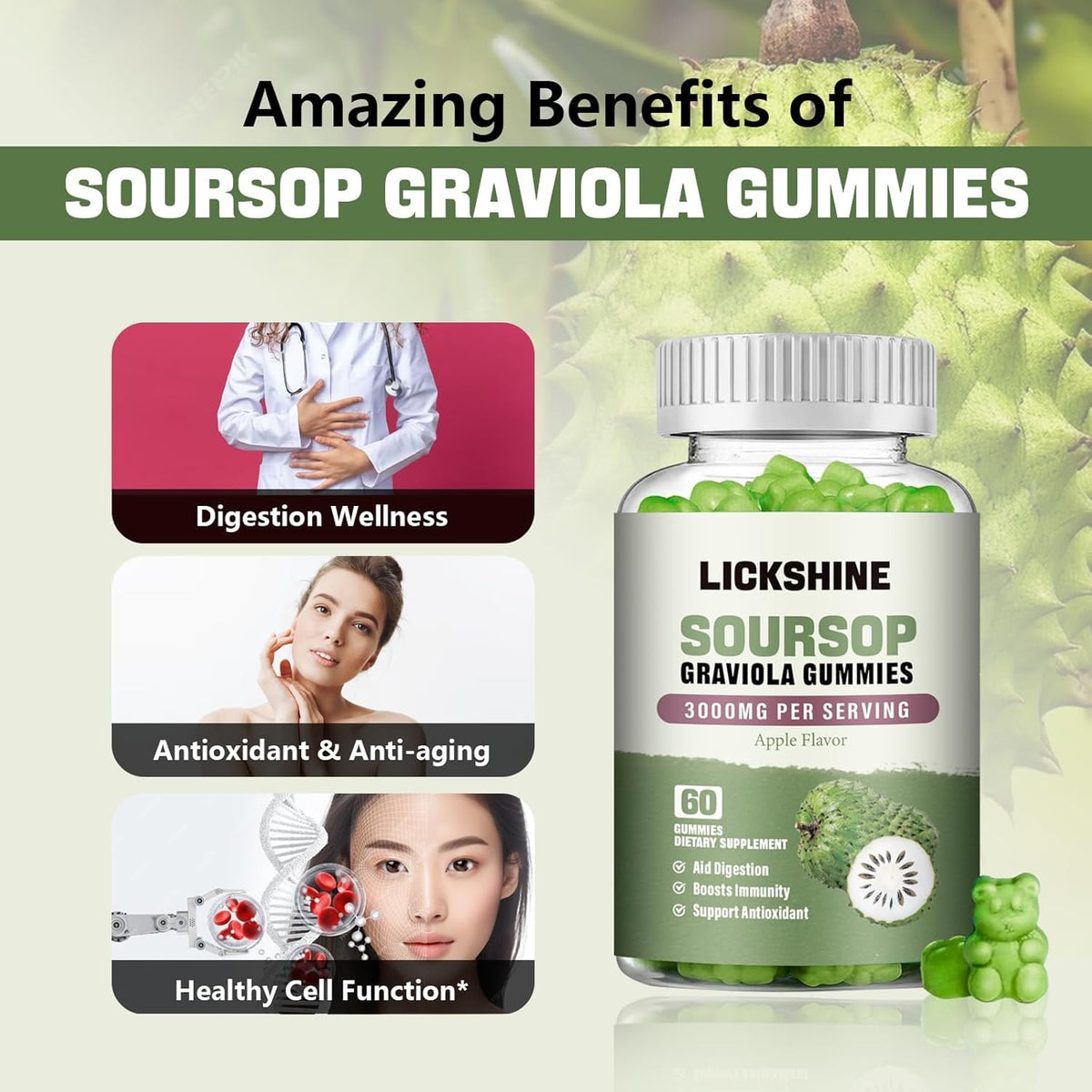 Gummies Graviola Soursop 3000mg de lickshine, ingrédients sur l'emballage