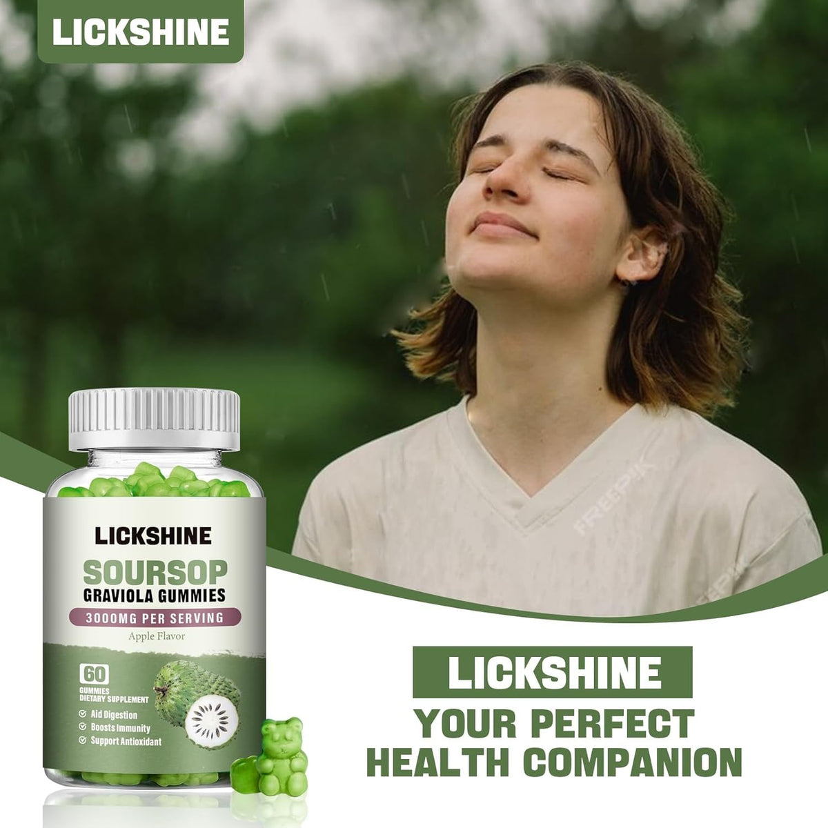 Gummies Graviola Soursop 3000mg de lickshine, présentation des gummies sur une table
