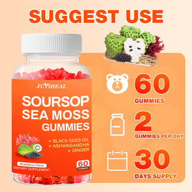 Gummies Graviola Soursop JUYIHEAL avec un fond tropical