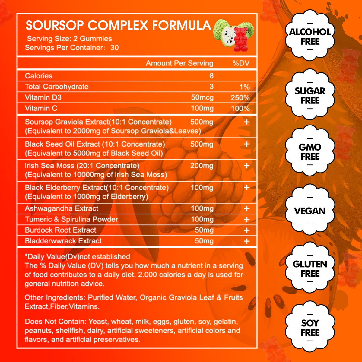 Gummies Graviola Soursop JUYIHEAL avec un verre d'eau, prêt à consommer