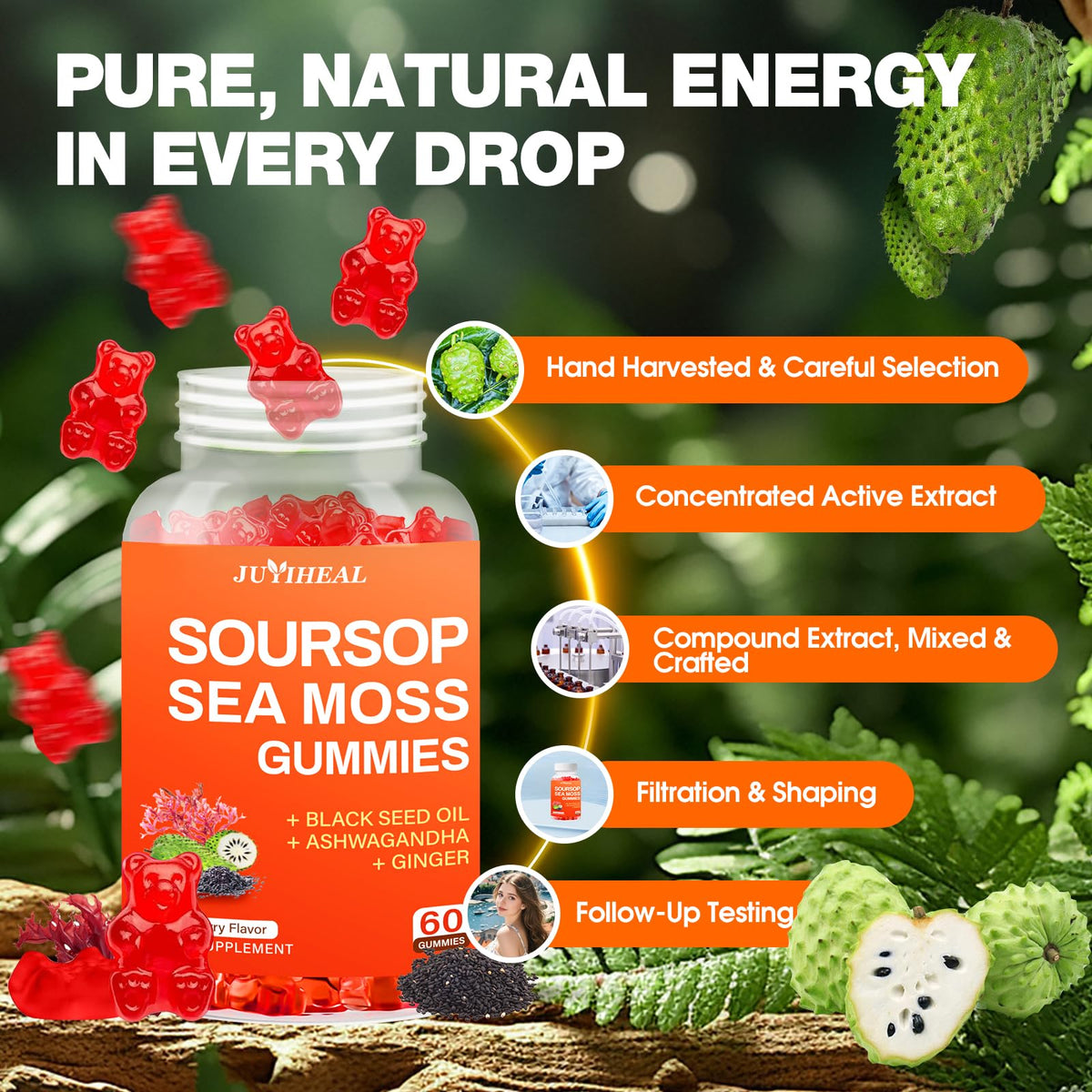 Gummies Graviola Soursop JUYIHEAL sur une table, ambiance naturelle