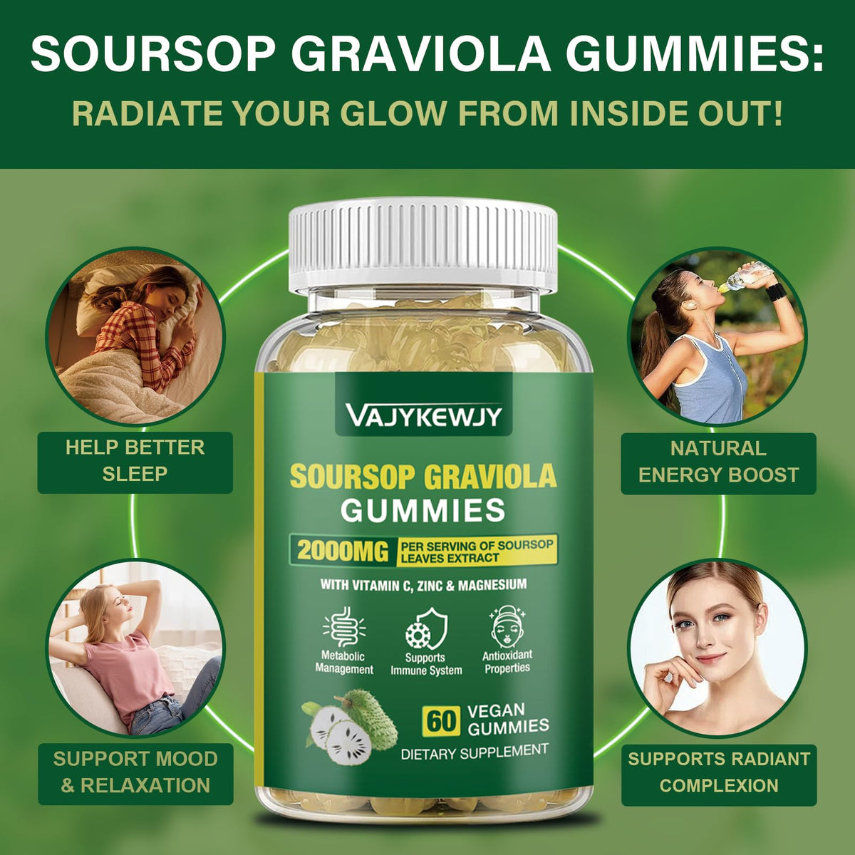 Gummies Graviola Soursop VAJYKEWJY présentés sur une table