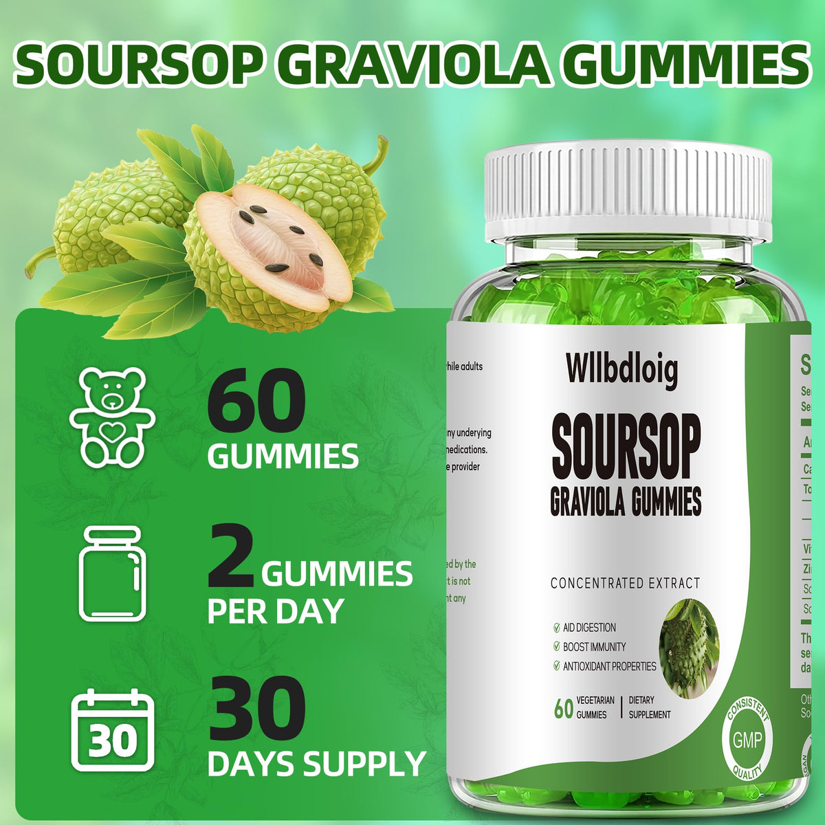 Gummies Graviola Soursop Wllbdloig 231g avec ingrédients naturels