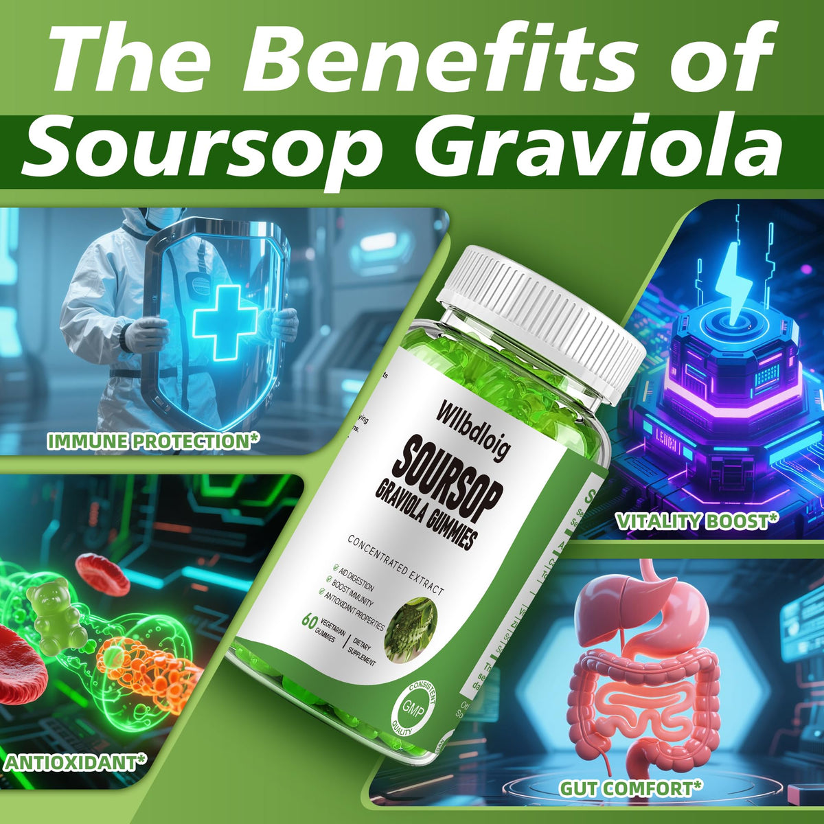 Gummies Graviola Soursop Wllbdloig 231g mise en scène avec des fruits frais