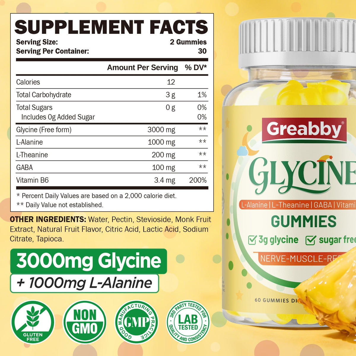 Gummies GREABBY à la glycine avec un verre d'eau