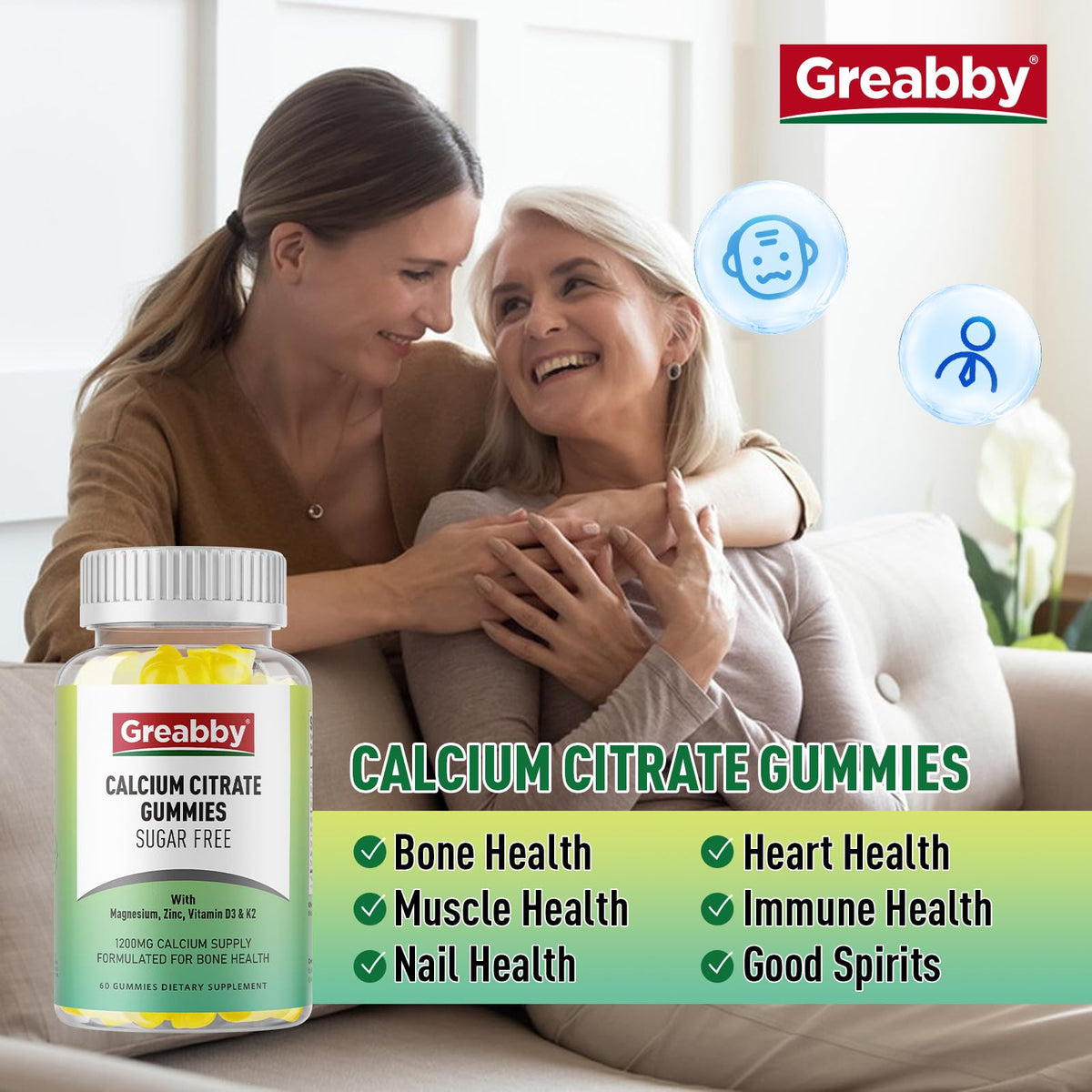Gummies GREABBY Calcium Citrate 1200mg, étiquette du produit détaillant les ingrédients