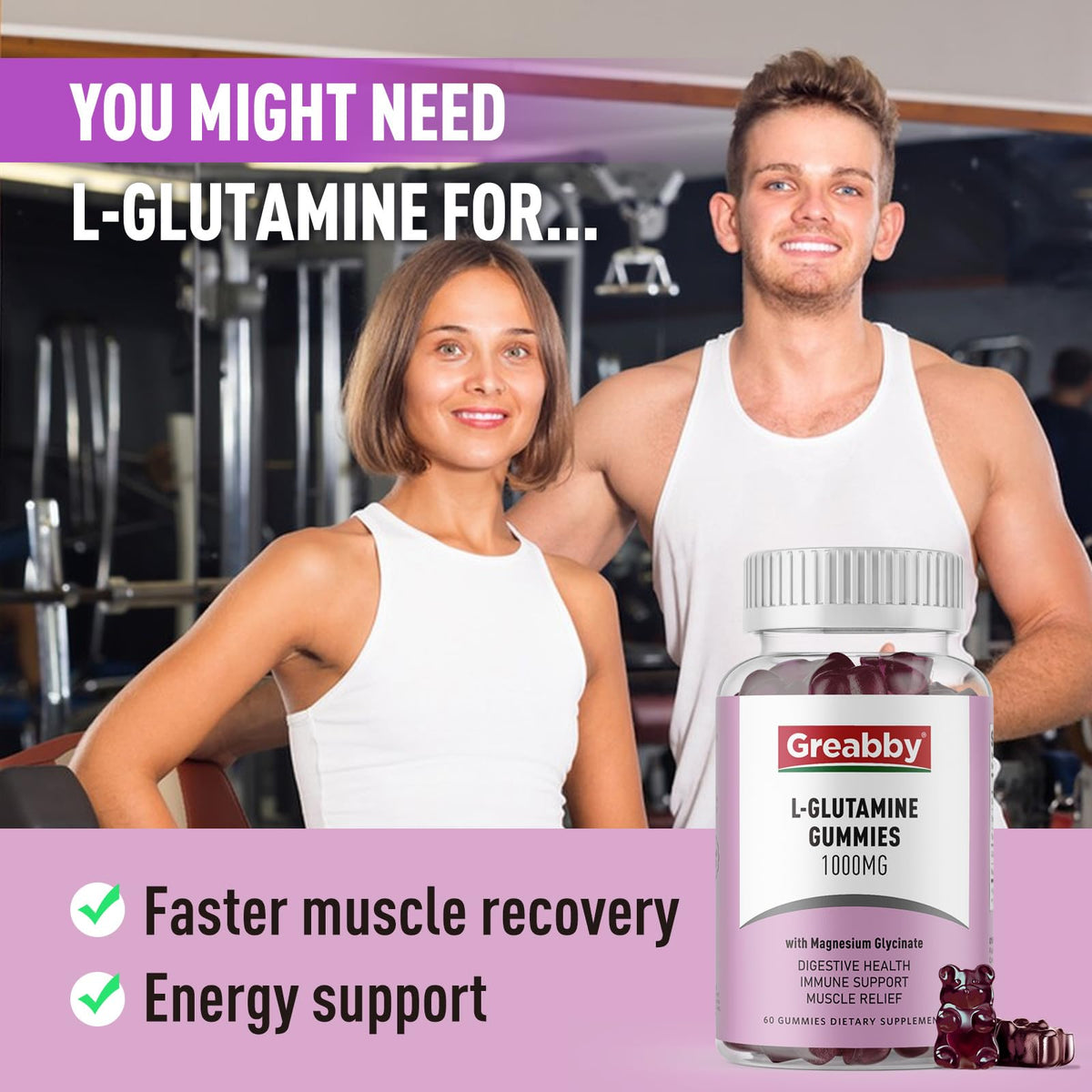 Gummies GREABBY L-Glutamine avec étiquette visible