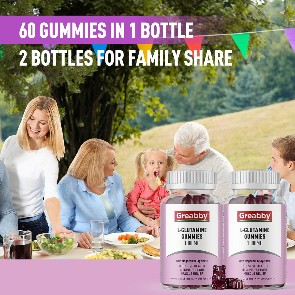 Gummies GREABBY L-Glutamine sur un fond blanc