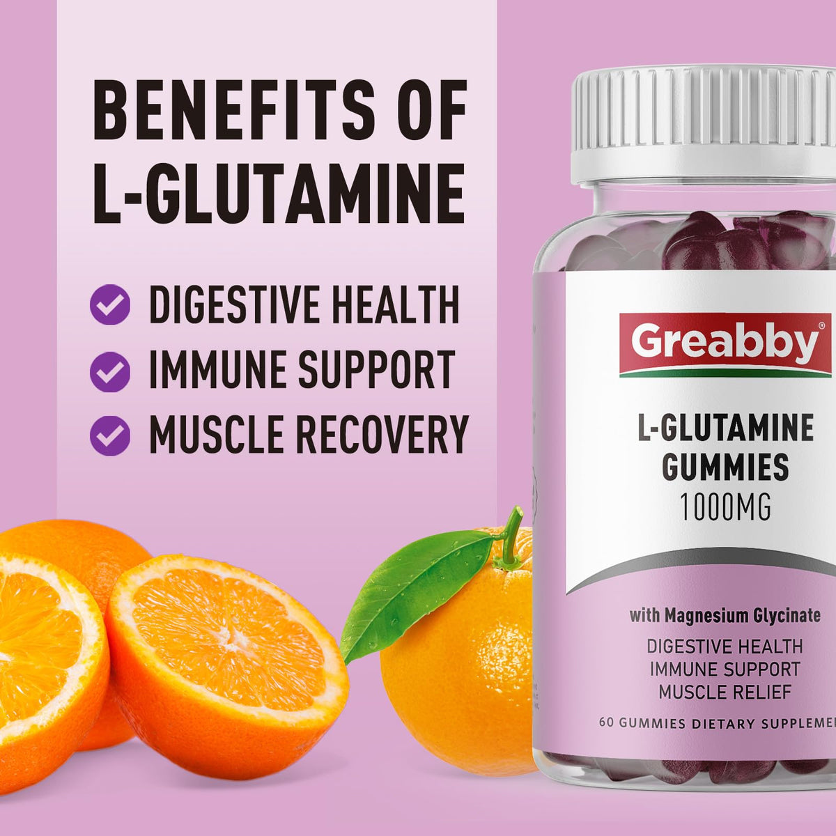 Gummies GREABBY L-Glutamine sur une table avec des fruits