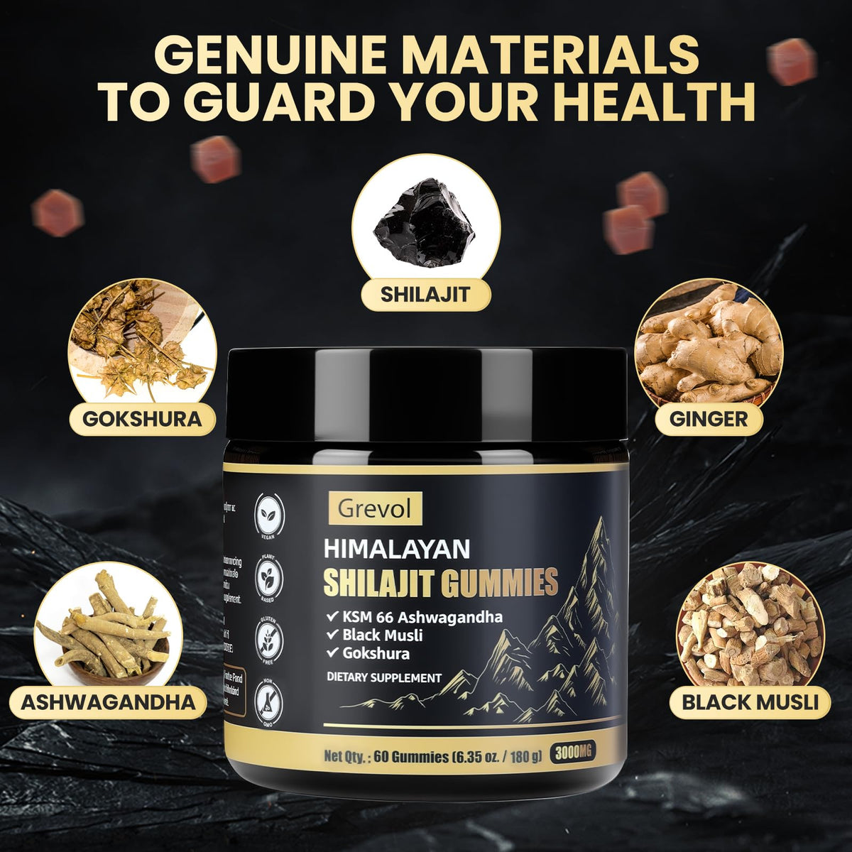 Gummies Grevol Shilajit montrant la texture moelleuse