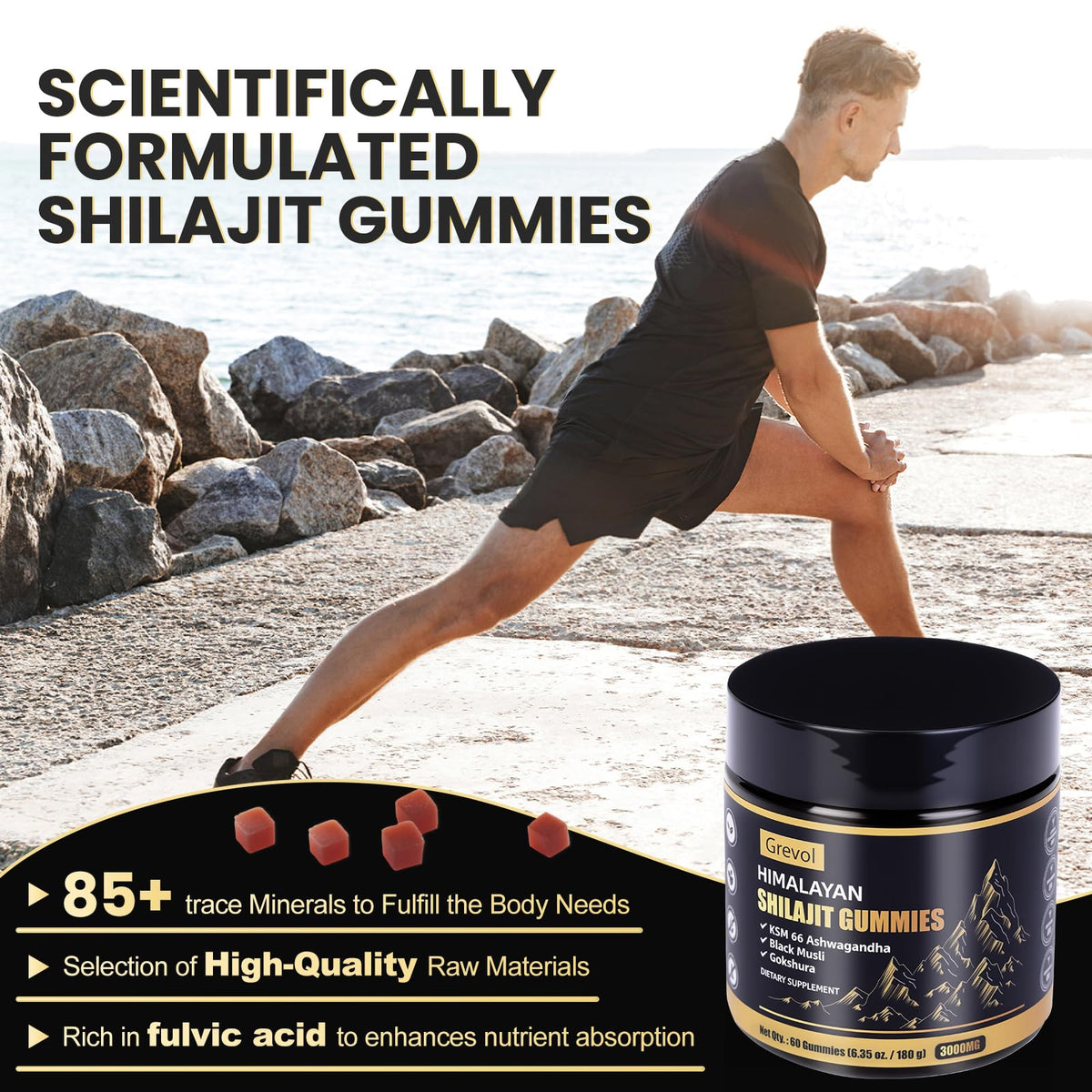 Gummies Grevol Shilajit sur une table avec fruits