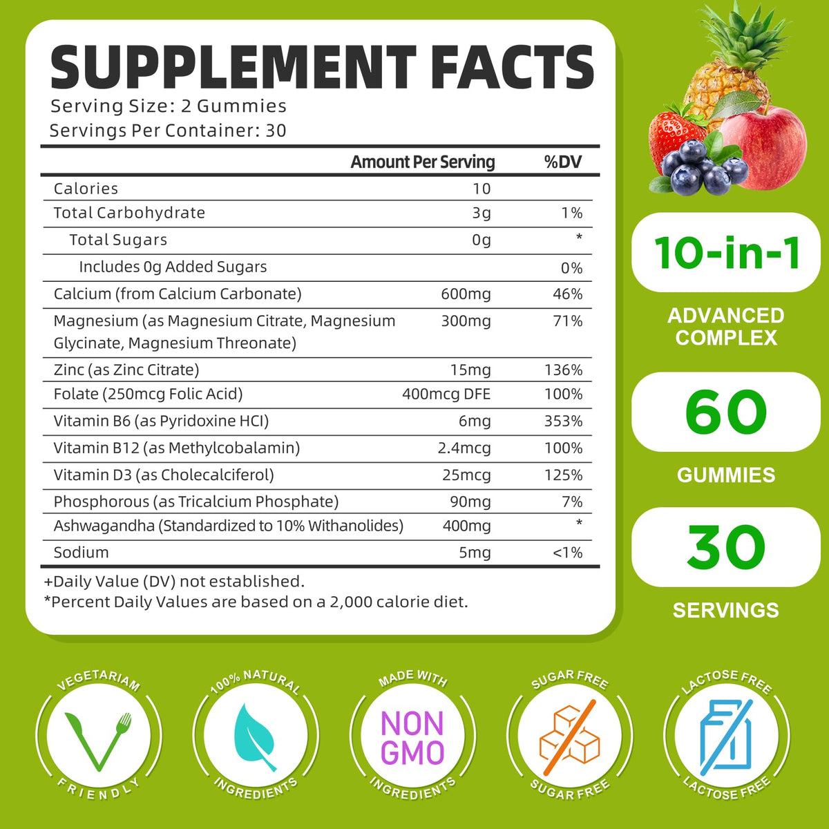 Gummies GrnLife au calcium magnésium zinc avec saveur d'ananas