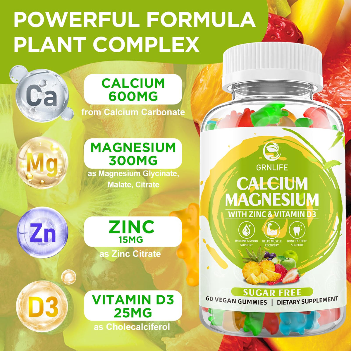 Gummies GrnLife au calcium magnésium zinc, vue de côté