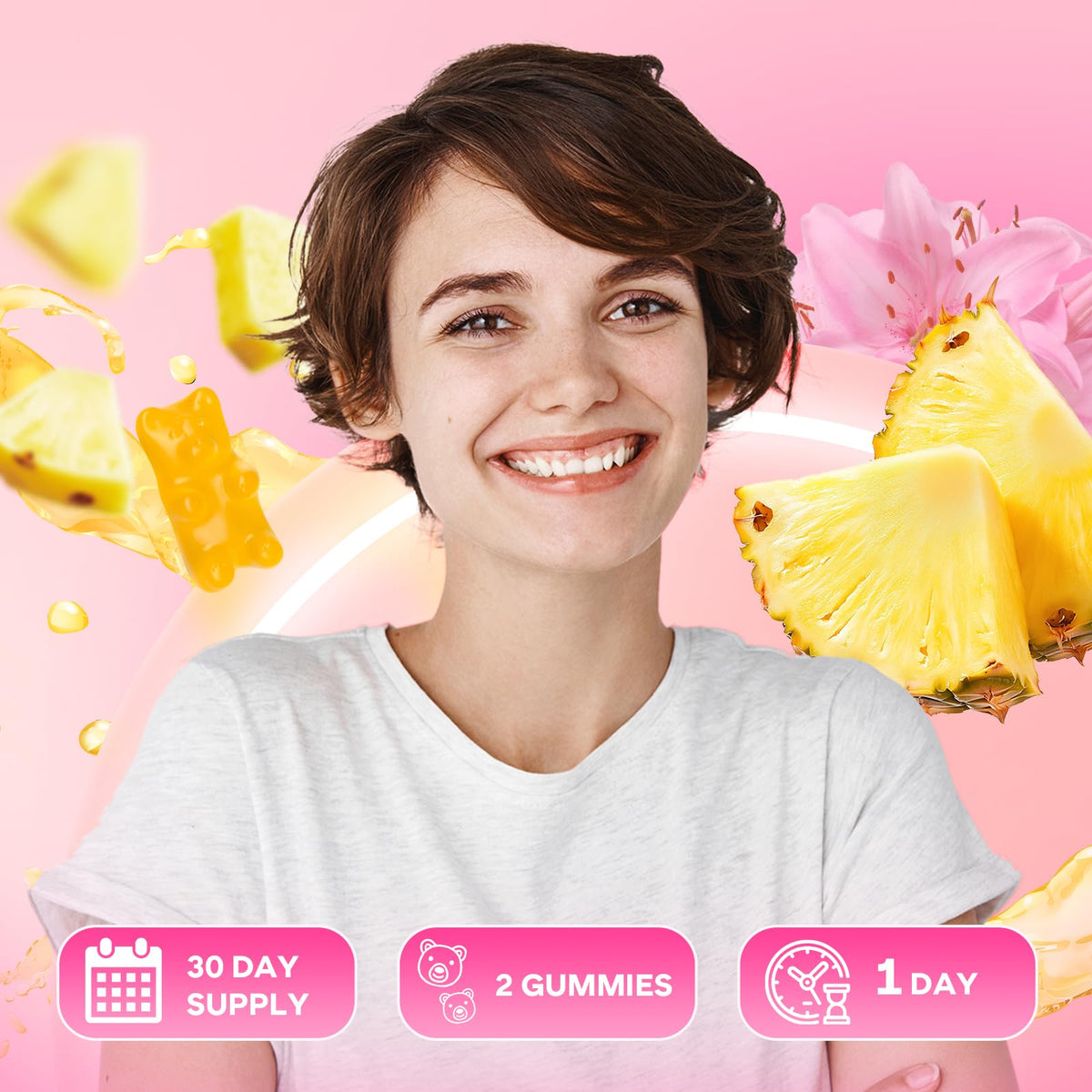 Gummies GrnLife avec des fruits tropicaux en arrière-plan