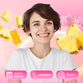 Gummies GrnLife avec des fruits tropicaux en arrière-plan