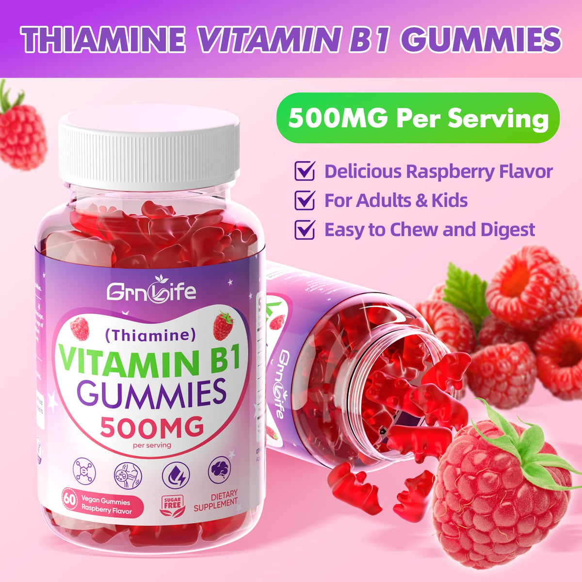 Gummies GrnLife B1 500mg avec une main tenant un bonbon