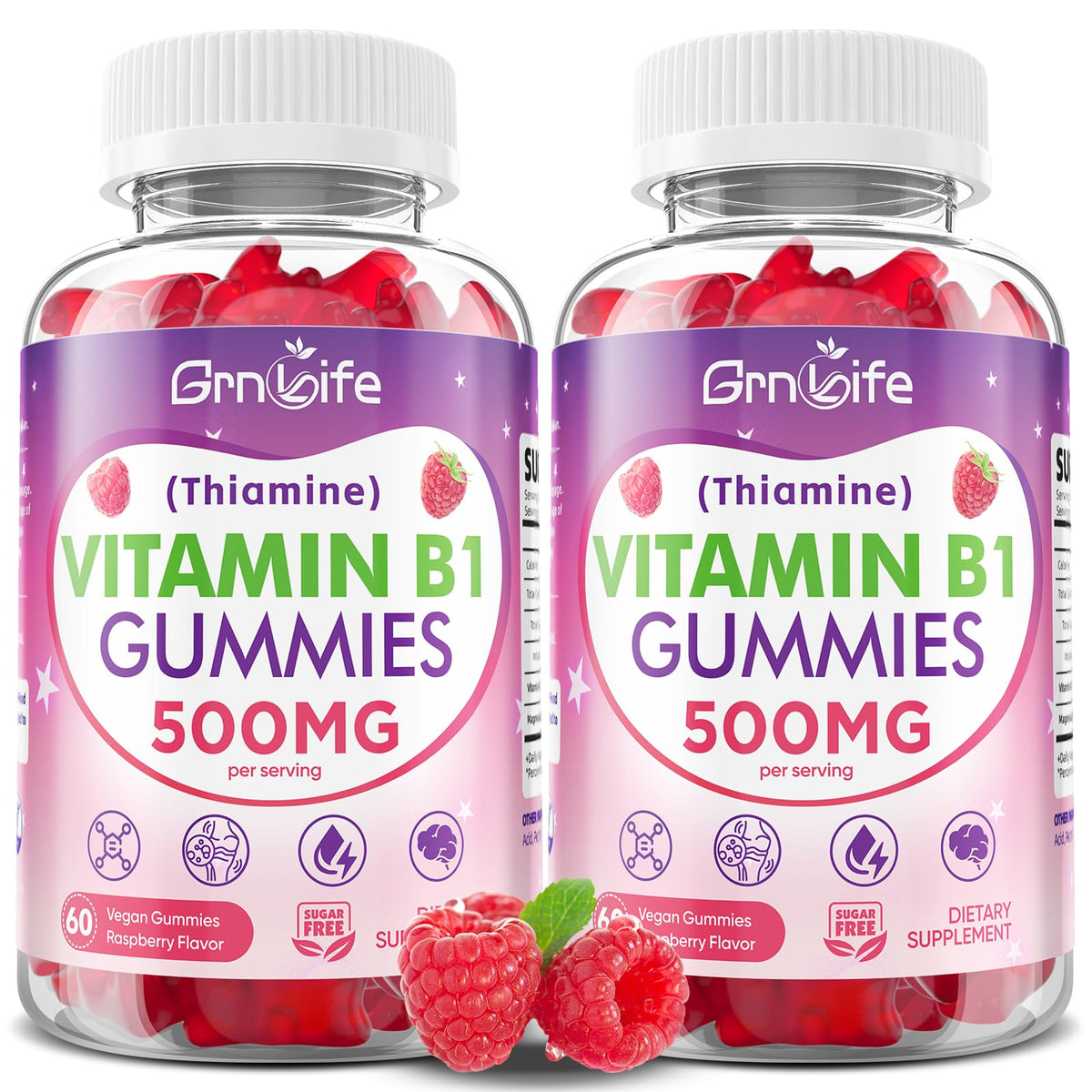Gummies GrnLife B1 500mg paquet avant avec saveur framboise