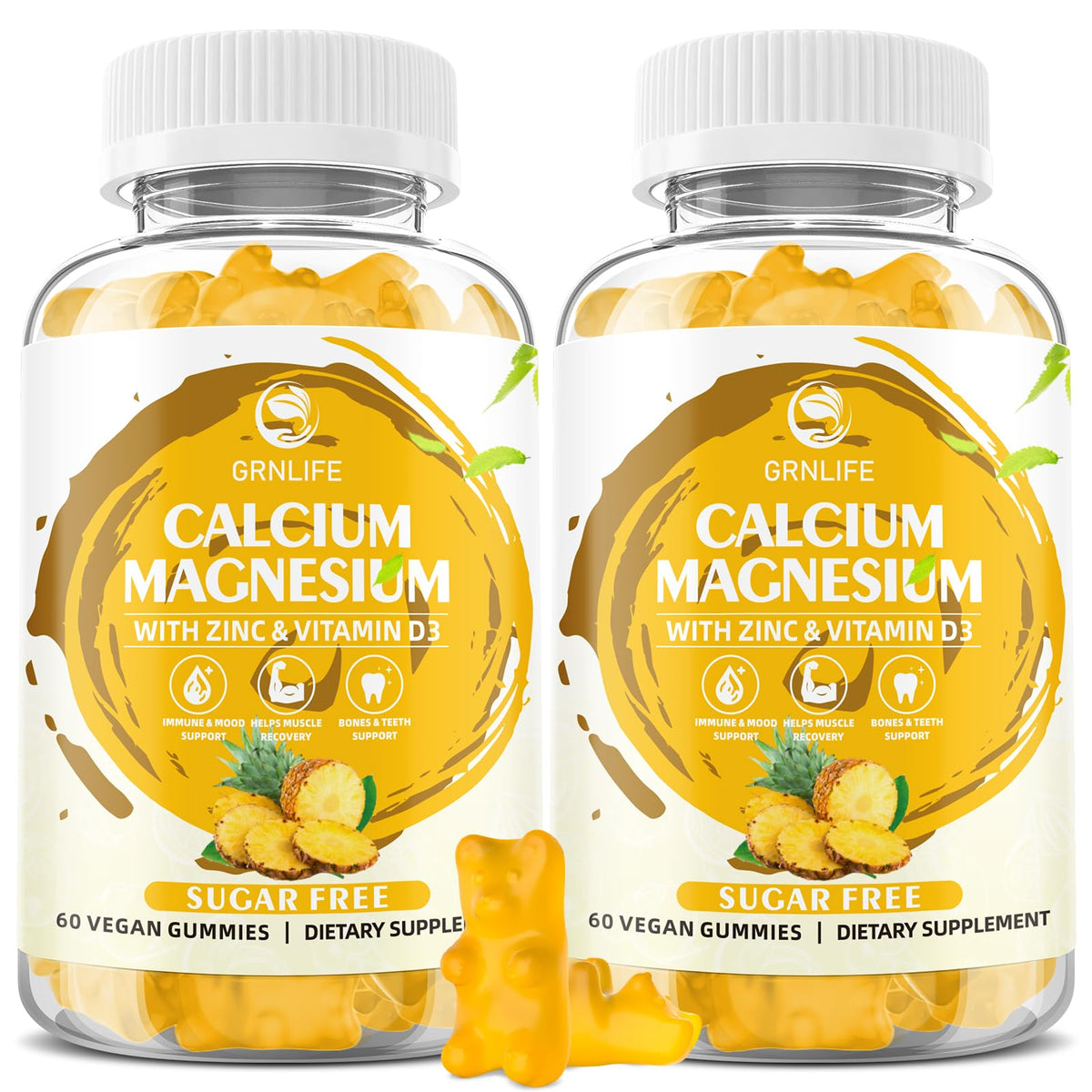Gummies GrnLife Calcium Magnésium Zinc 120 pièces saveur Ananas devant