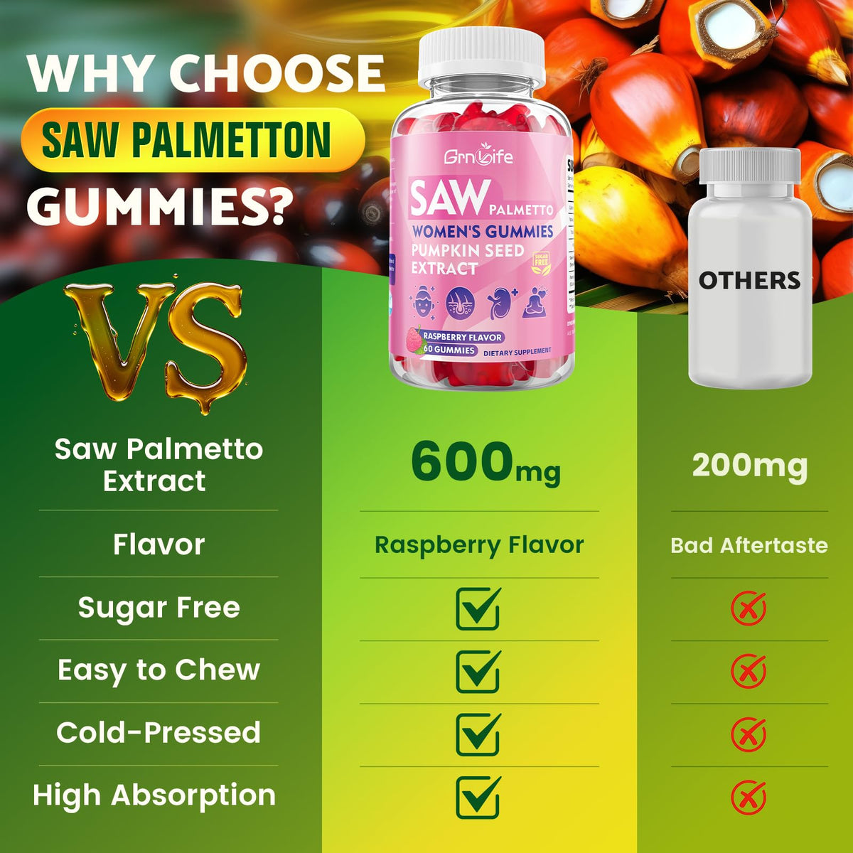Gummies GrnLife Saw Palmetto avec ingrédients visibles