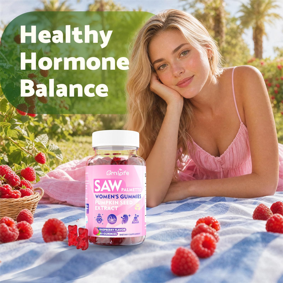 Gummies GrnLife Saw Palmetto avec une main tenant une gummy