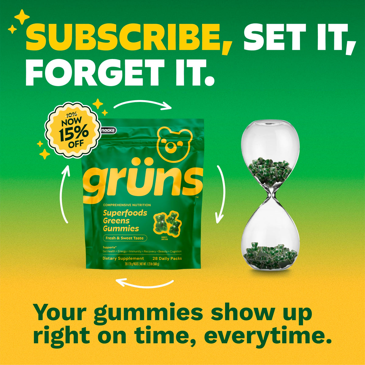 Gummies Grüns au goût fraise, vue de face