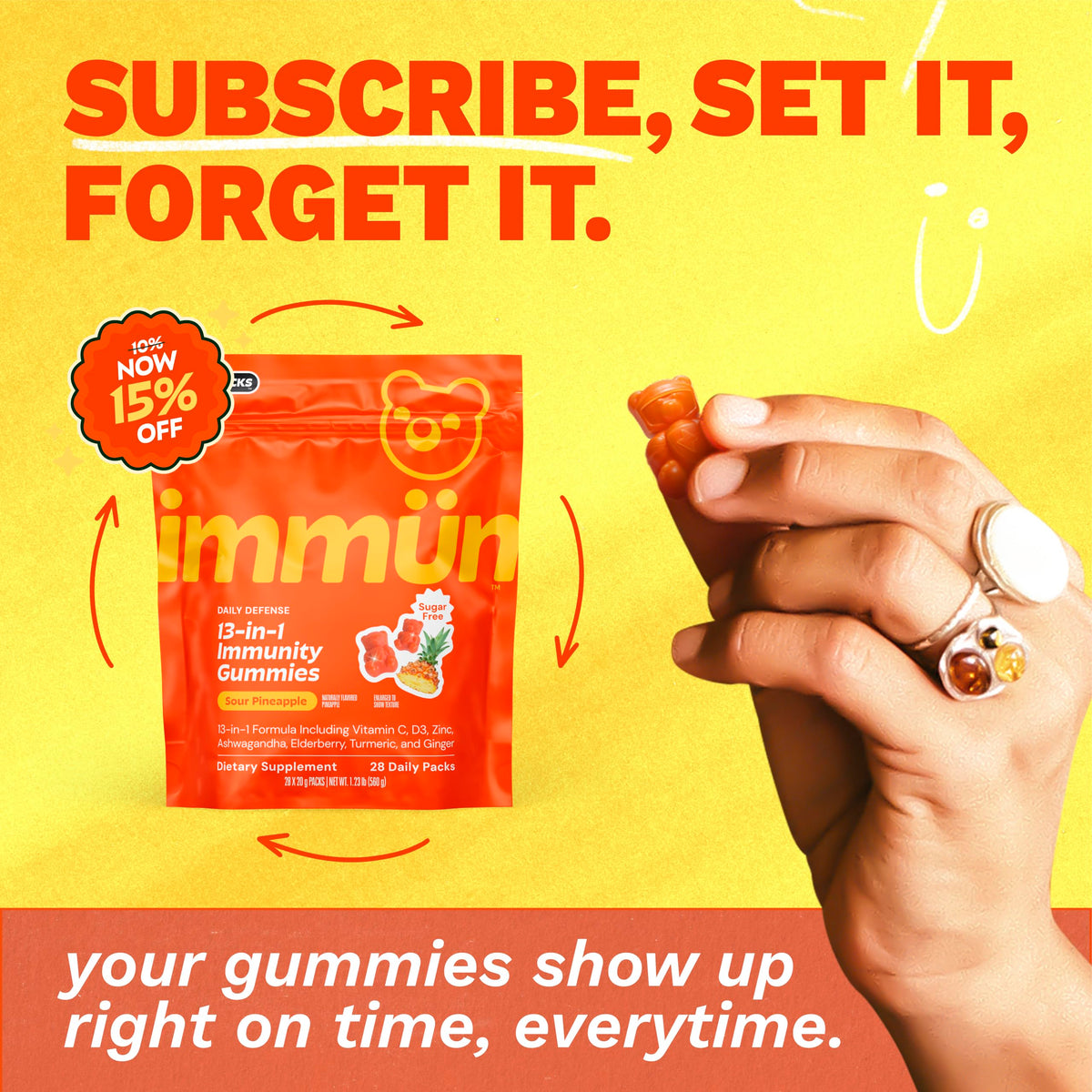 Gummies Grüns daily wellnessé avec un gummy sur une table