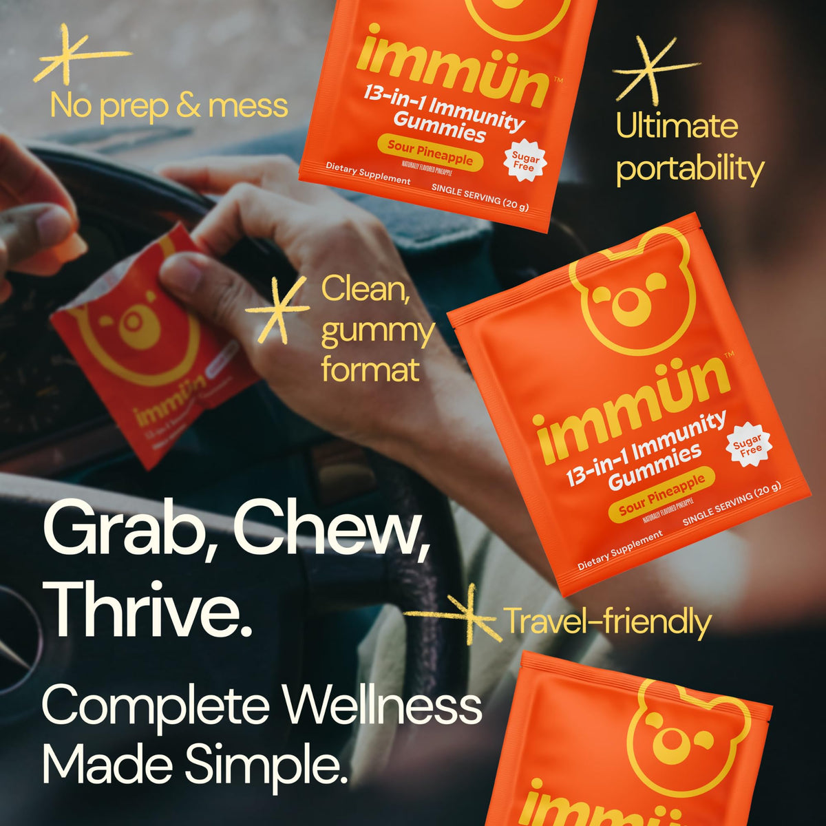 Gummies Grüns daily wellnessé avec une main tenant le paquet