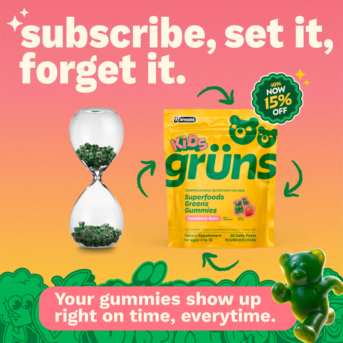 Gummies Grüns Multivitamines Enfants, présentation sur une table