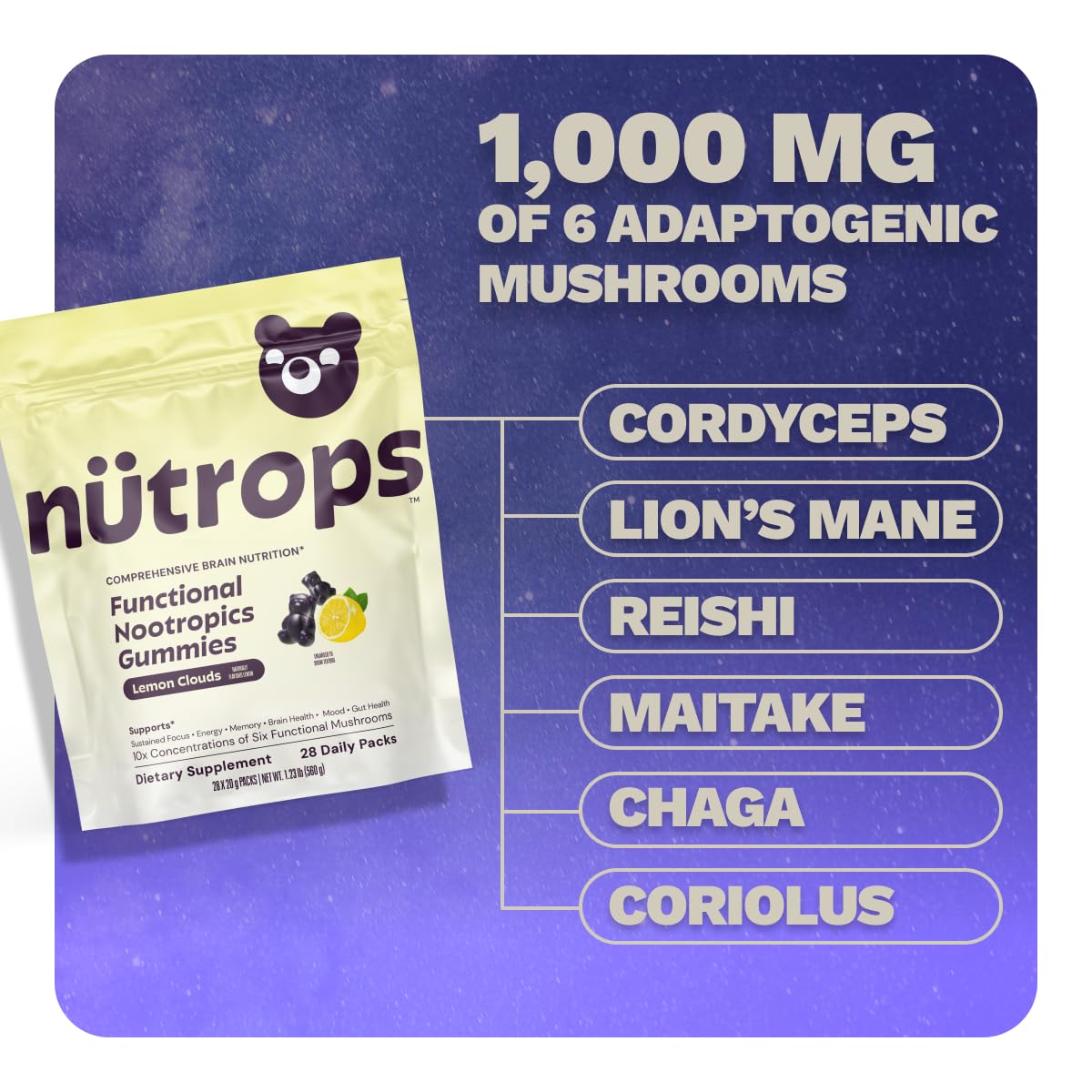 Gummies Grüns Nutrops à côté d'une tasse de thé