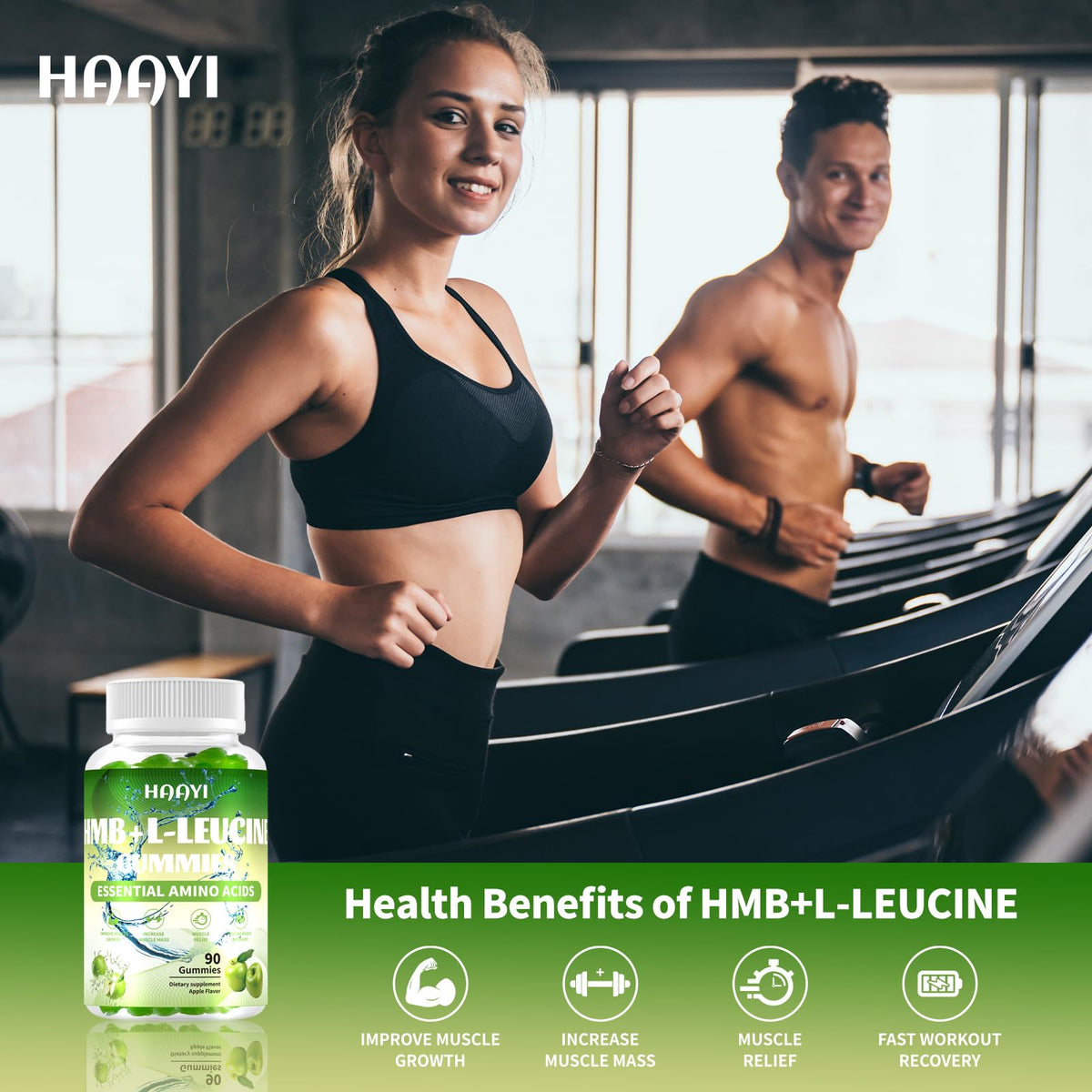 Gummies HAAYI HMB et L-Leucine saveur pomme sur une table