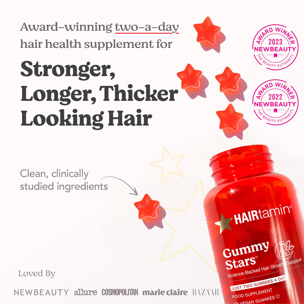 Gummies HAIRtamin sur une table avec des ingrédients naturels