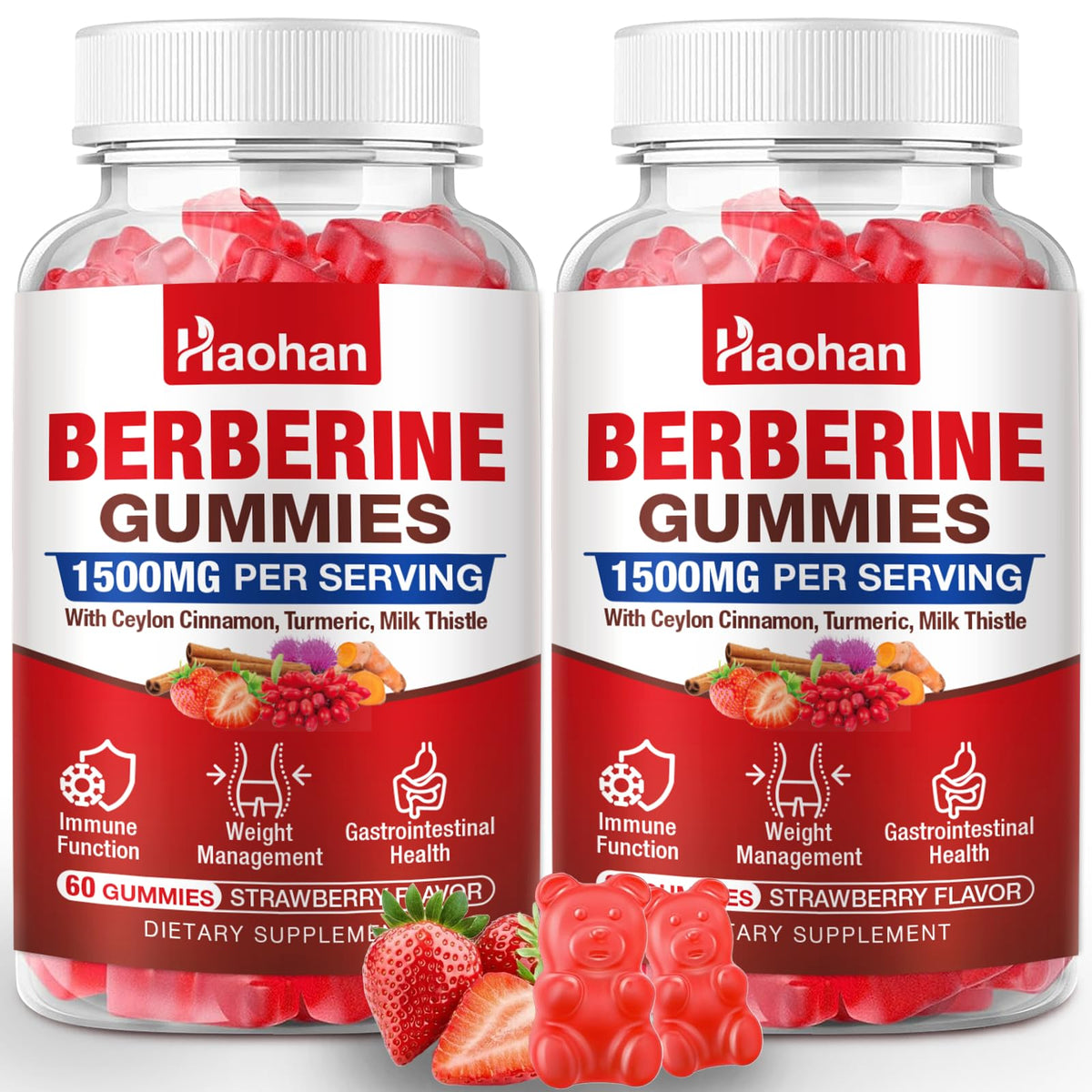 Gummies Haohan de Berbérine 1500mg avec Cannelle de Ceylan devant un fond blanc