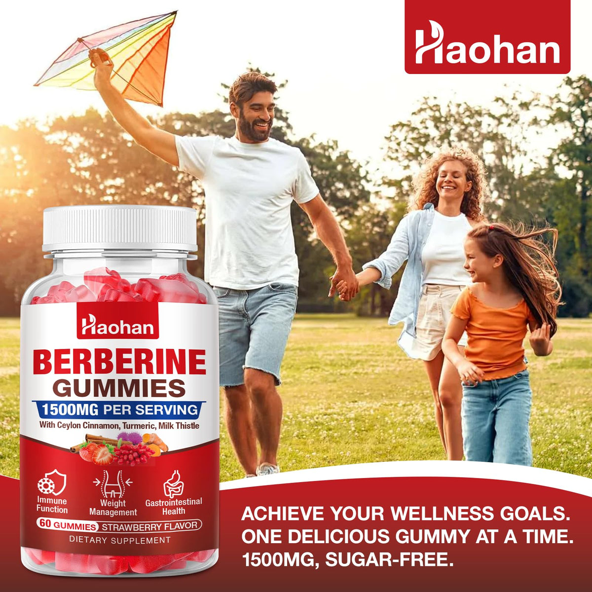 Gummies Haohan de Berbérine avec une main tenant une gomme