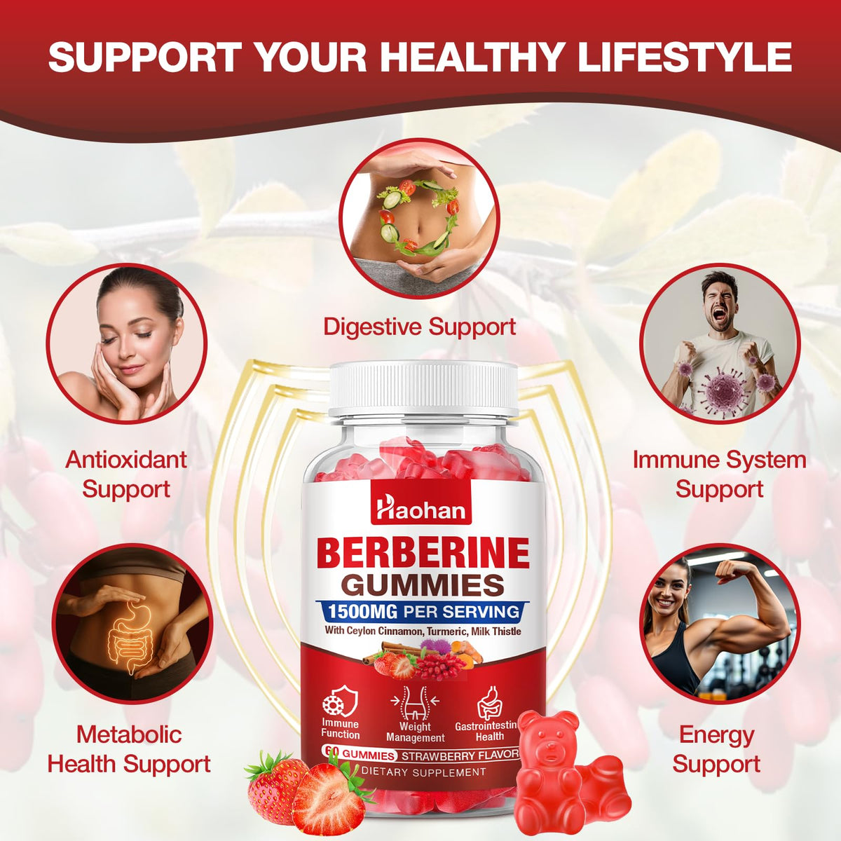 Gummies Haohan de Berbérine sur une table en bois