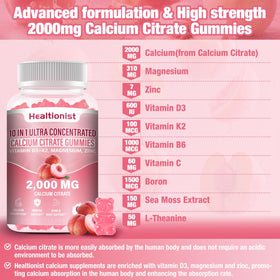 Gummies Healtionist 2000mg citrate de calcium avec vitamine D3 K2 dans un bol