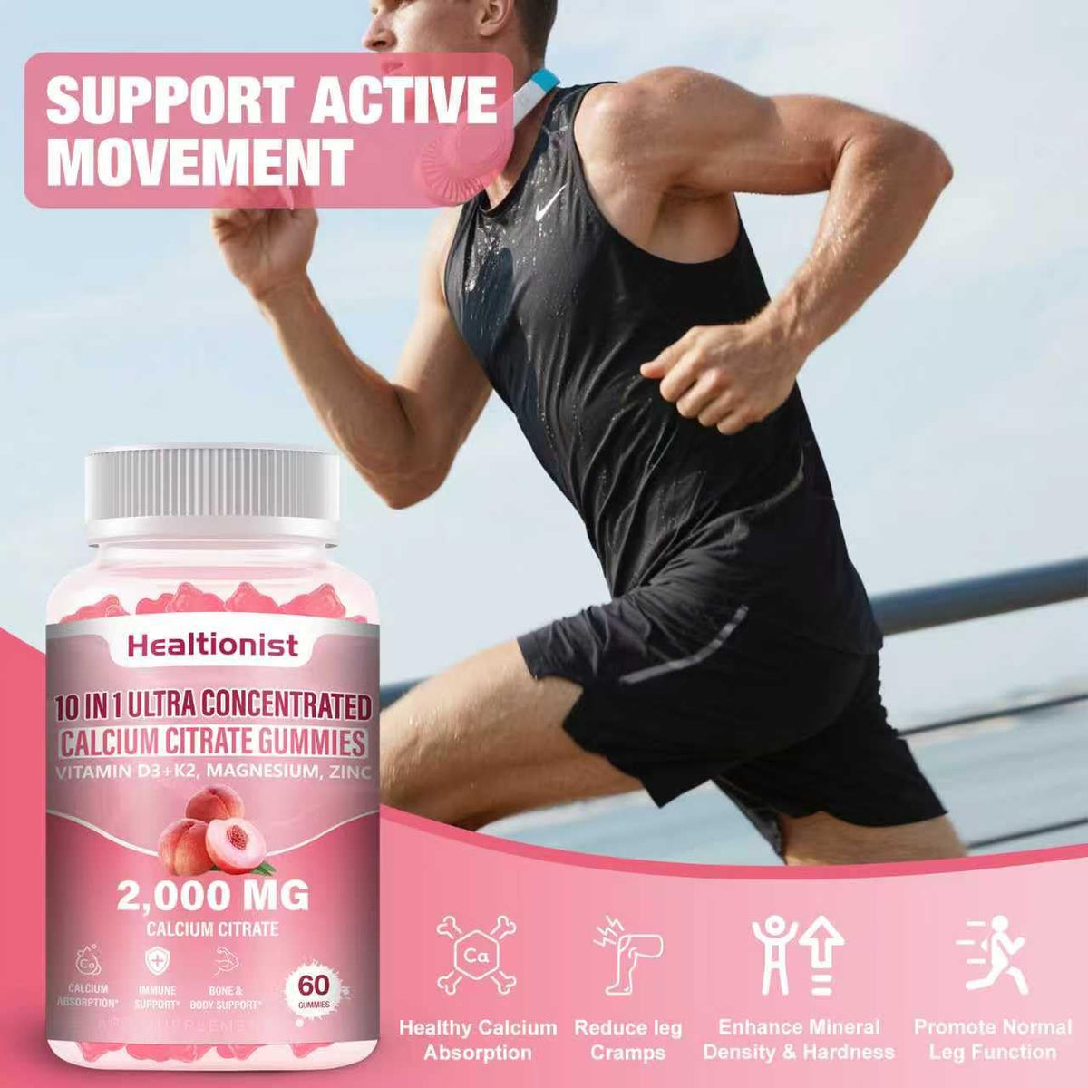 Gummies Healtionist 2000mg citrate de calcium avec vitamine D3 K2 en gros plan