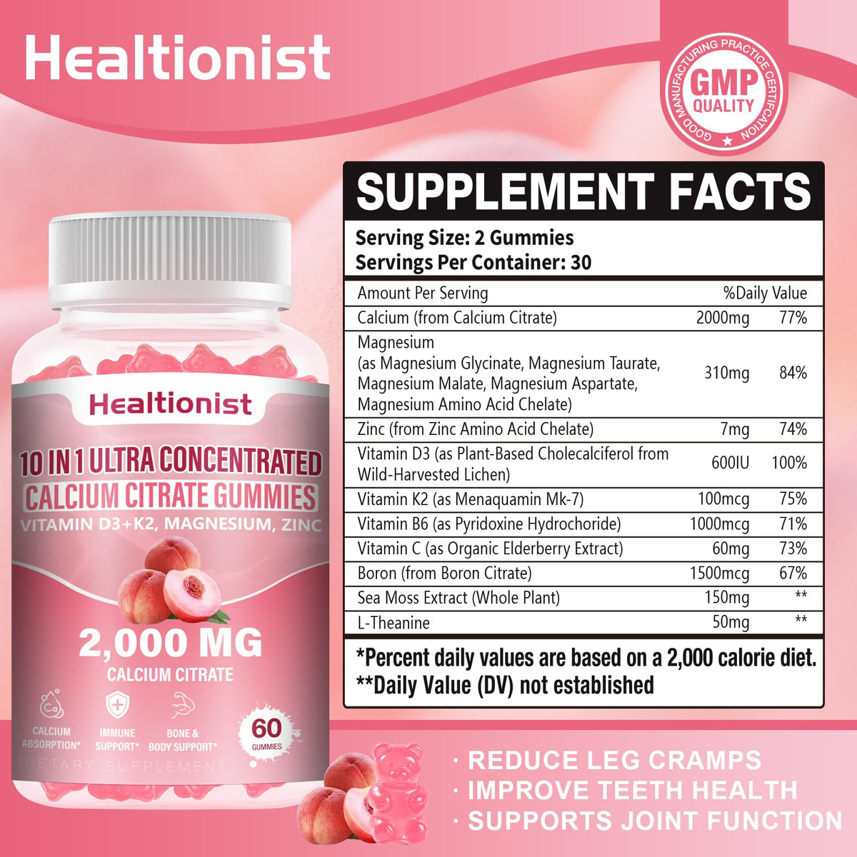 Gummies Healtionist calcium citrate 2000mg vue arrière avec informations nutritionnelles