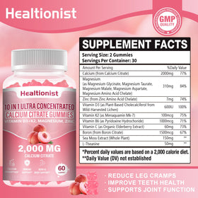 Gummies Healtionist calcium citrate 2000mg vue arrière avec informations nutritionnelles