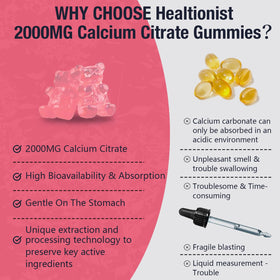 Gummies Healtionist citrate de calcium 2000mg avec fruits en arrière-plan