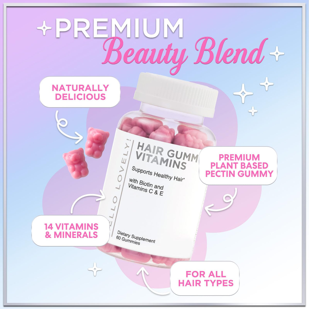 Gummies Hello Lovely! pour cheveux, gummies sur une surface en bois