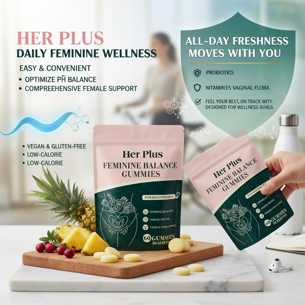 Gummies Her Plus Nutrition, présentation sur une table